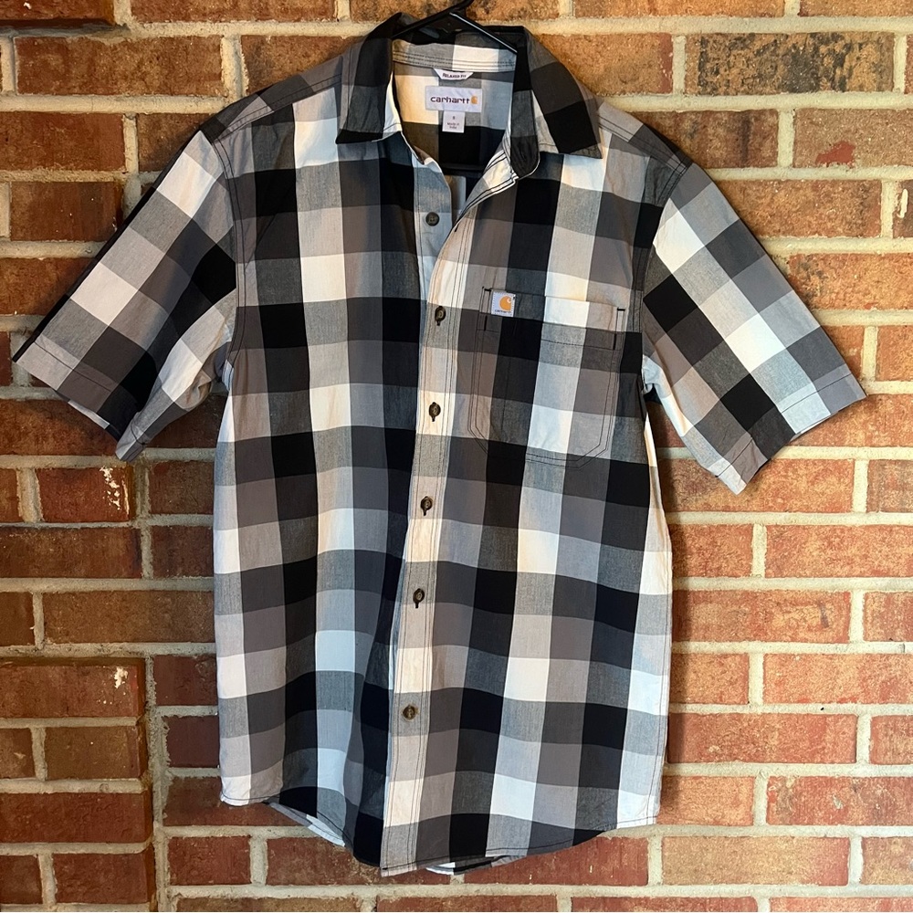 Carhartt Men S Relaxed Short Sleeve Button-Up Black White Buffalo Check Shirt